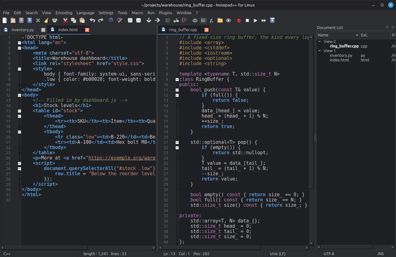 Notepad++ for Linux screenshot