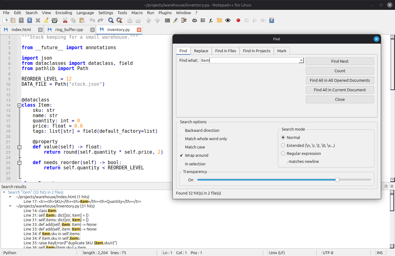 Notepad++ for Linux screenshot