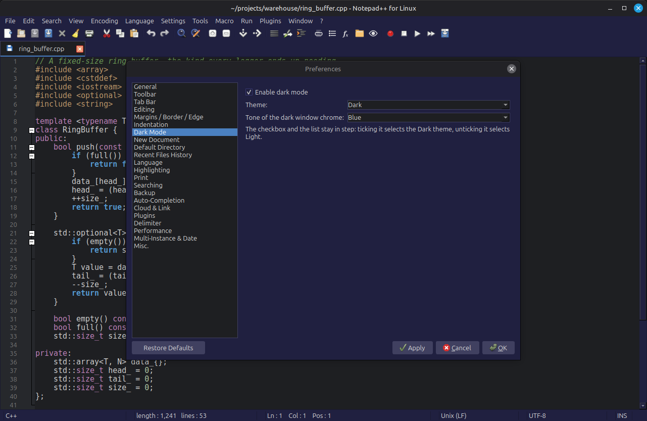 Notepad++ for Linux screenshot